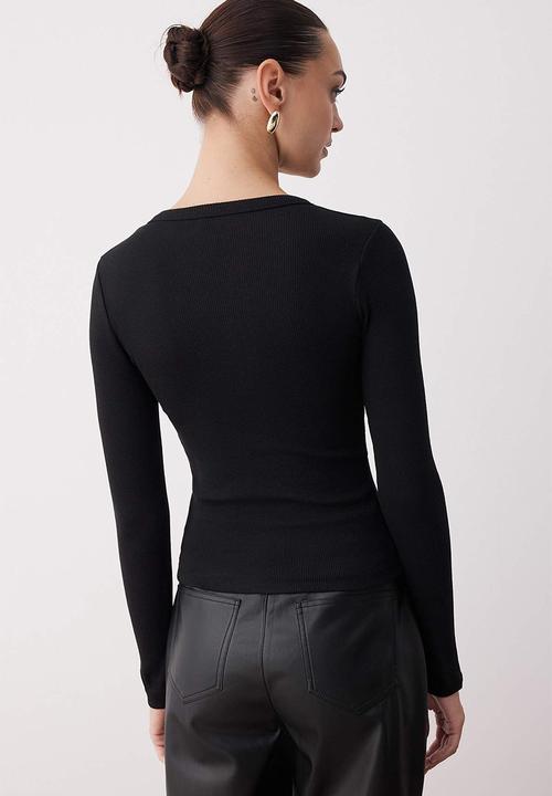 Trendyol - Button Fitted/Slim Fit Stretch Rib Knit Blouse - Black