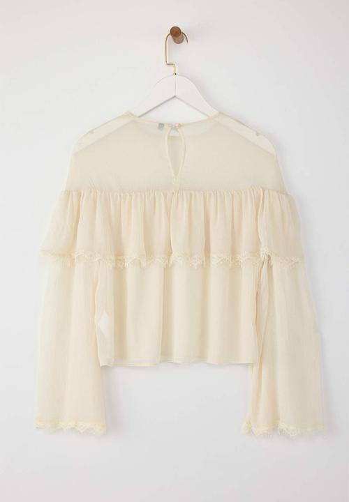 Trendyol - Chiffon Lace Detailed Round Neck Woven Blouse - Ecru