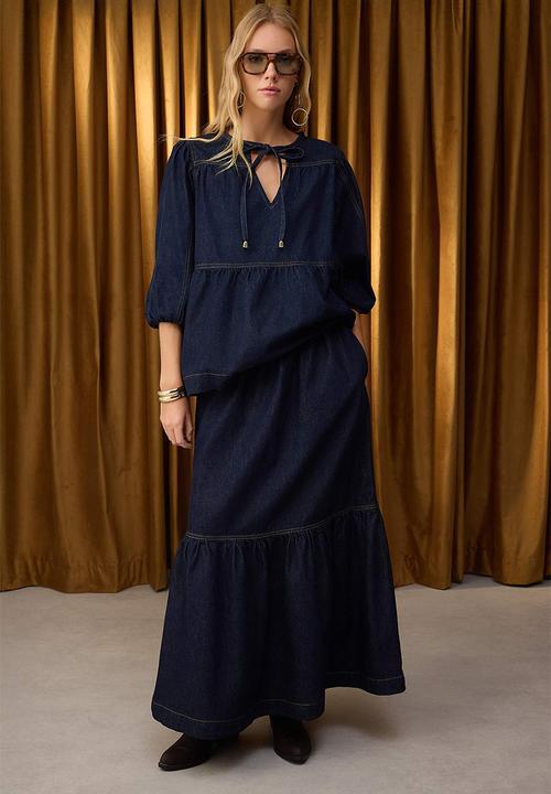 Trendyol - Maxi Flounced Elastic Waist Denim Skirt - Dark blue