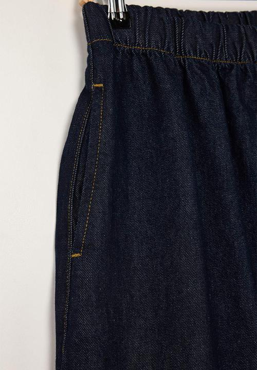 Trendyol - Maxi Flounced Elastic Waist Denim Skirt - Dark blue