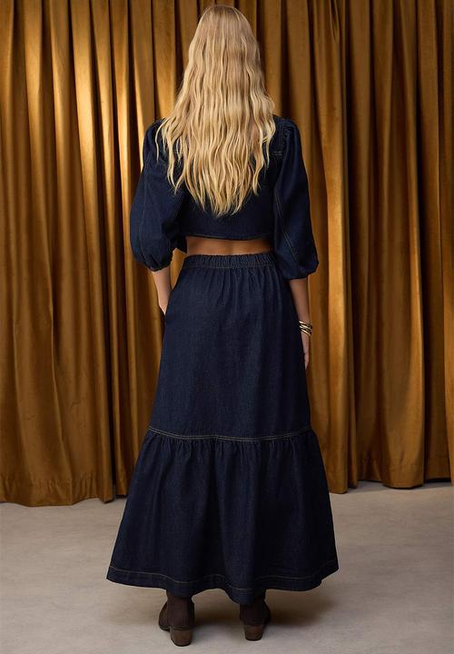Trendyol - Maxi Flounced Elastic Waist Denim Skirt - Dark blue