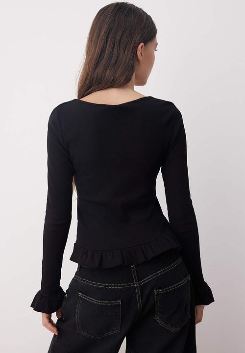 Trendyol - Ruffle Fitted/Bodycon Buttoned Knitted Blouse - Black