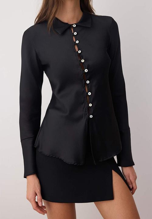 Trendyol - Button Detailed Waist Form Satin Shirt - Black