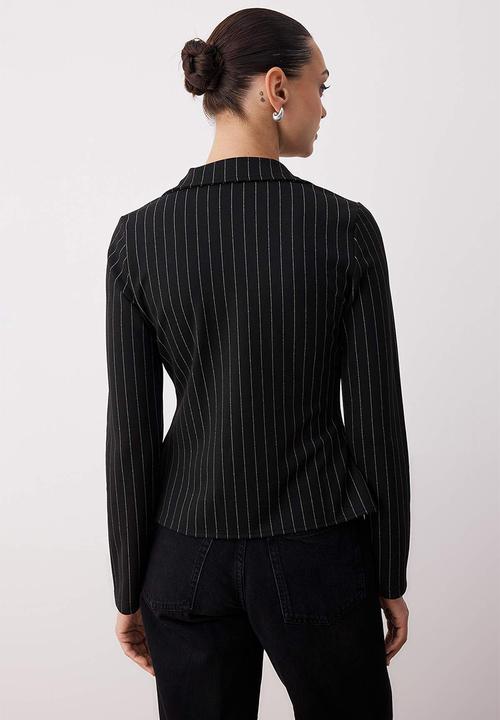 Trendyol - Striped Polo Neck Agraft Ftited/Fitted Stretch Knitted Blouse - Black