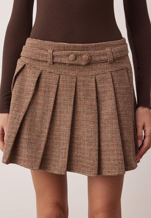 Trendyol - Plaid/Check Pleated Winter Woven Mini Skirt - Brown