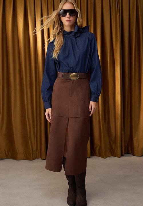 Trendyol -  Suede Button Zipper A-Line/A-Line Open Maxi Knitted Skirt  - Brown