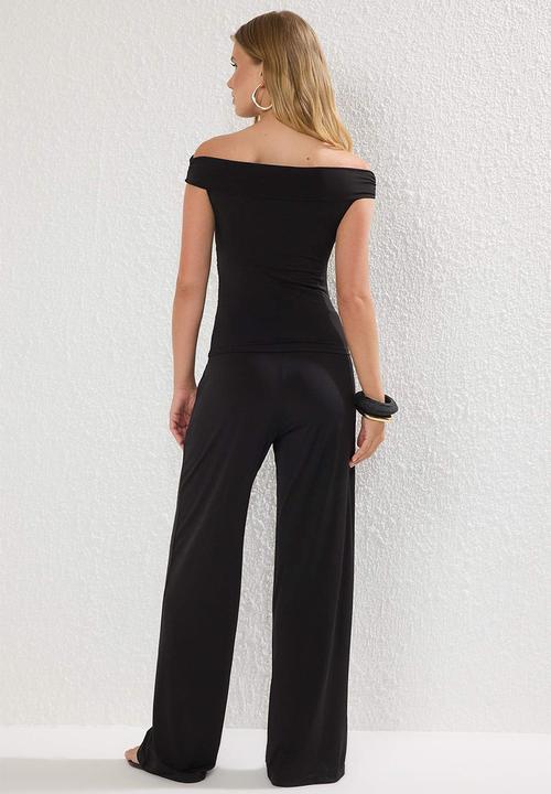 Trendyol - Carmen Collar Stretchy Knitted Blouse/Pants Set - Black