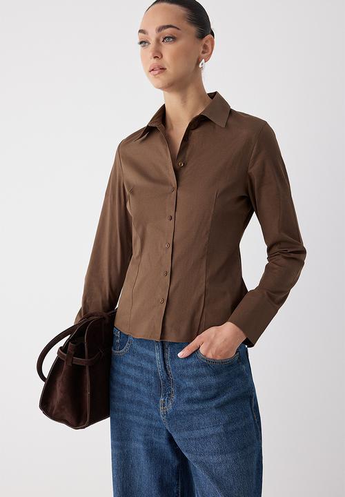 Trendyol - Light Waist Fitted Cotton Woven Shirt - Brown