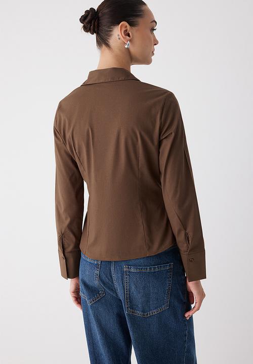 Trendyol - Light Waist Fitted Cotton Woven Shirt - Brown