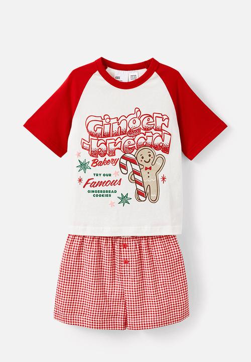 Cotton On - Adult Boxer Pj Set Family Christmas - Varsity Red Gingham/Gingerbread Bakery