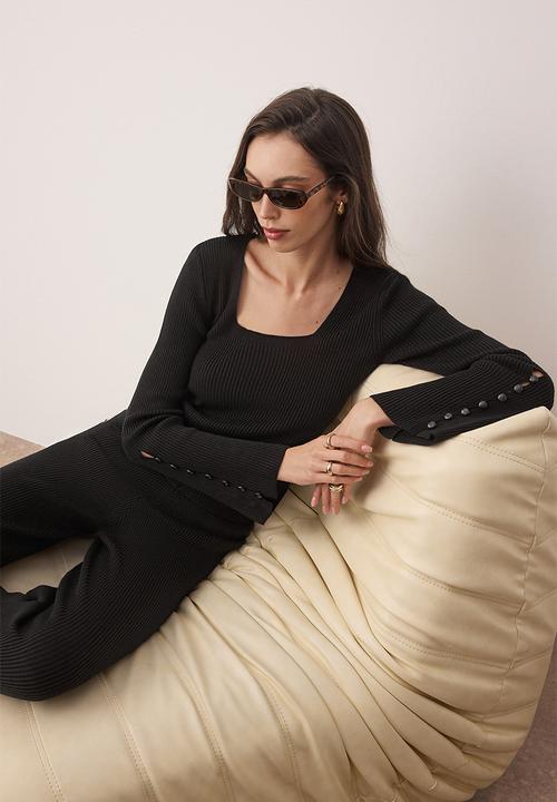Trendyol - Square Collar Body Hugging Knitwear Bottom - Top Set  - Black