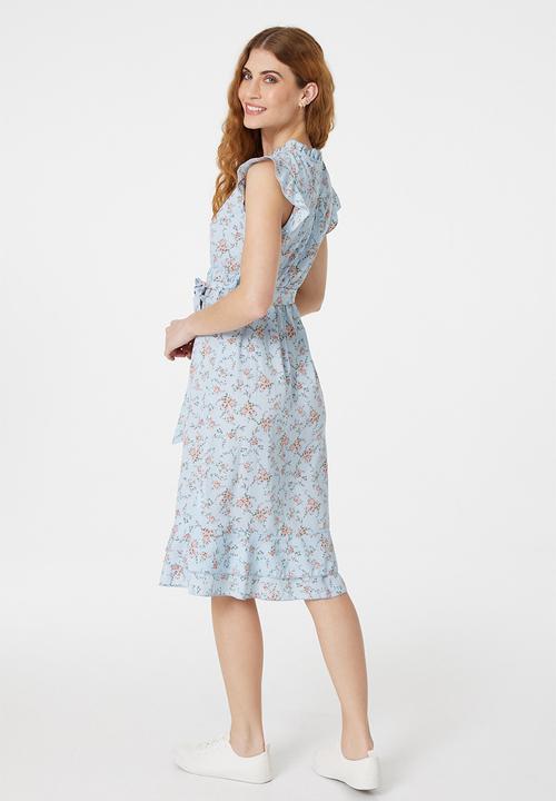 Stella Morgan - Slight Cap Sleeve V-Neck Midi Dress With Waist Tie - Blue