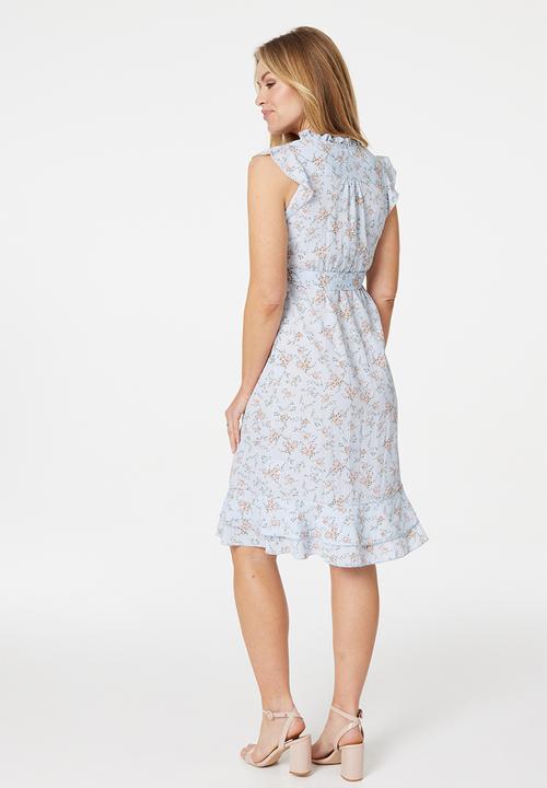 Stella Morgan - Slight Cap Sleeve V-Neck Midi Dress With Waist Tie - Blue