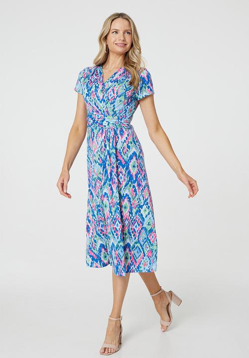 Stella Morgan - Cap Sleeve Wrap Style With Waist Pleats Midi Dress - Blue