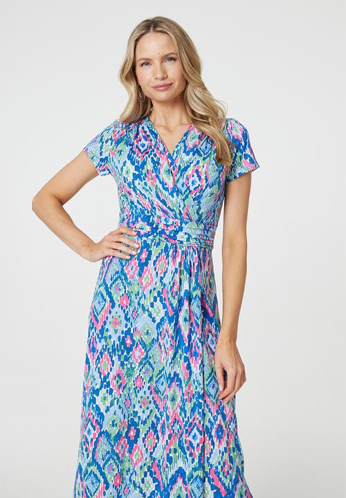 Stella Morgan - Cap Sleeve Wrap Style With Waist Pleats Midi Dress - Blue