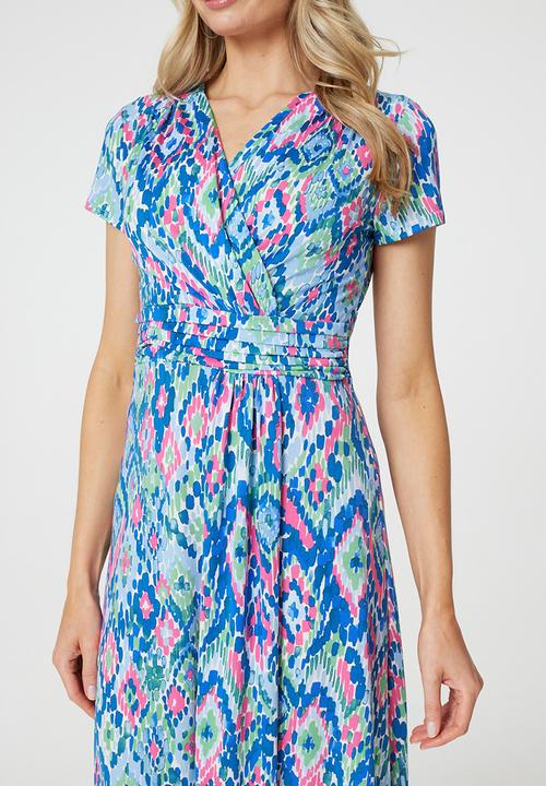 Stella Morgan - Cap Sleeve Wrap Style With Waist Pleats Midi Dress - Blue