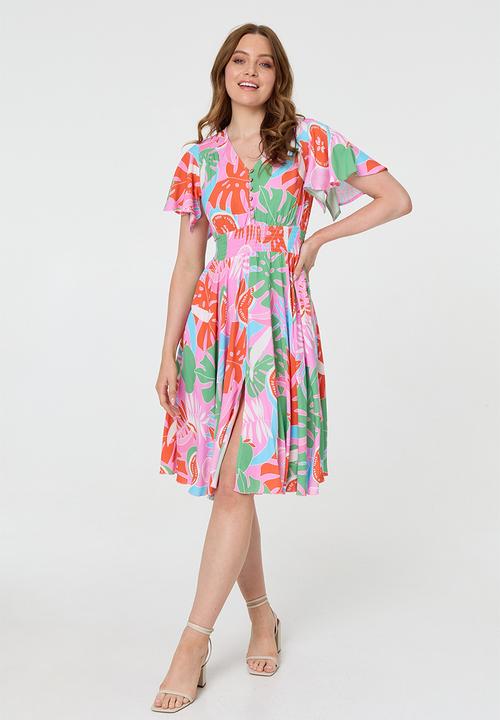 MANDI - V-Neck Flutter Sleeve Midi Dress With Buttons And Gauging At Waist - Pink