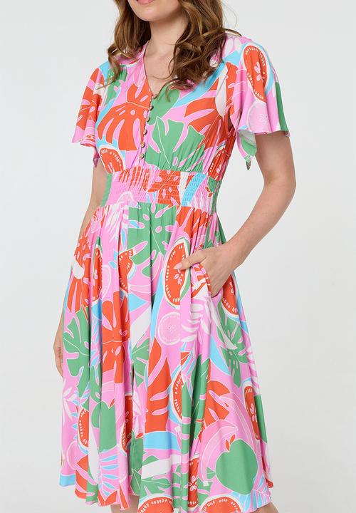 MANDI - V-Neck Flutter Sleeve Midi Dress With Buttons And Gauging At Waist - Pink