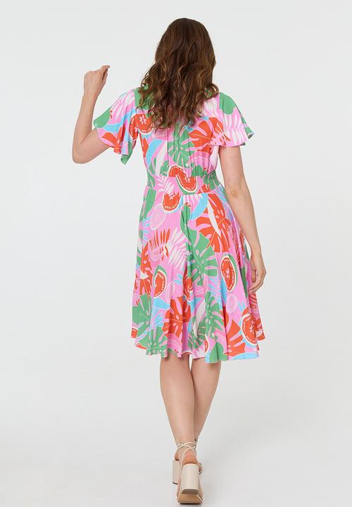 MANDI - V-Neck Flutter Sleeve Midi Dress With Buttons And Gauging At Waist - Pink