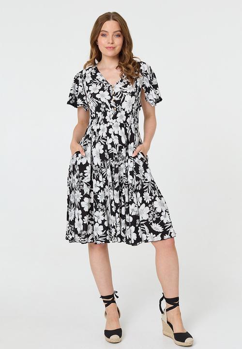 MANDI - V-Neck Flutter Sleeve Midi Dress With Buttons And Gauging At Waist - Black And White