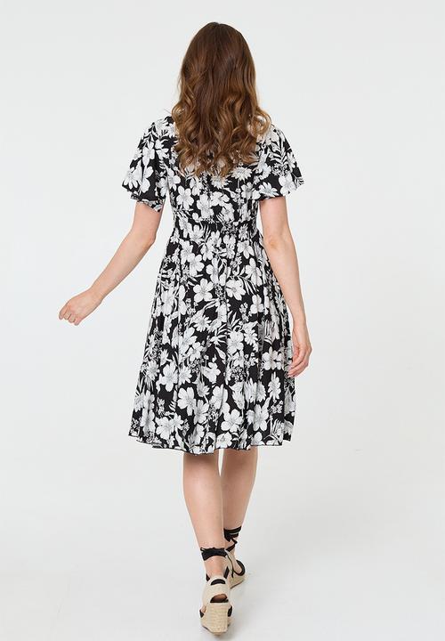 MANDI - V-Neck Flutter Sleeve Midi Dress With Buttons And Gauging At Waist - Black And White