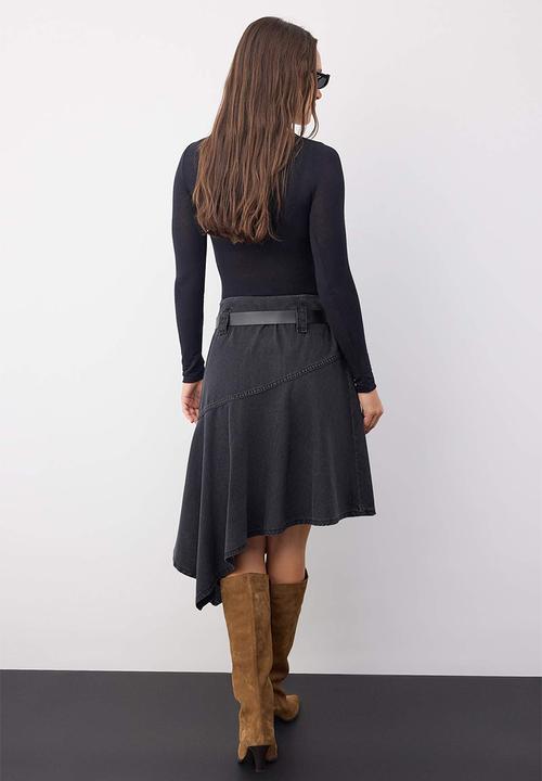Trendyol - Belted Asymmetrical Midi Denim Skirt - Black