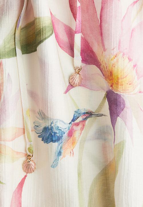 H&M - Tie-detail tunic dress - cream floral 