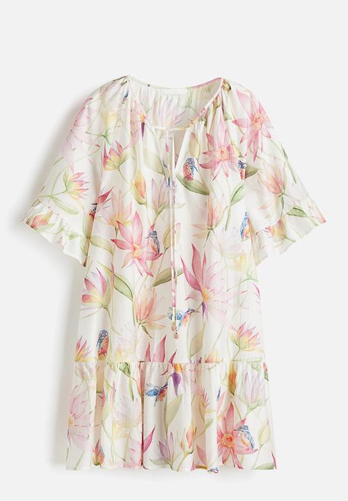 H&M - Tie-detail tunic dress - cream floral 