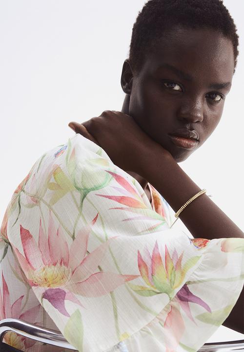 H&M - Tie-detail tunic dress - cream floral 