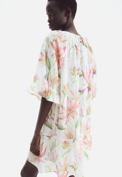 H&M - Tie-detail tunic dress - cream floral 
