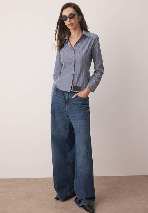 Trendyol - Striped Silver Button Detail Waist Fitted Shirt - Blue