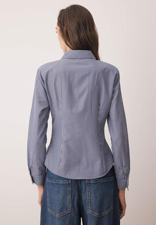 Trendyol - Striped Silver Button Detail Waist Fitted Shirt - Blue