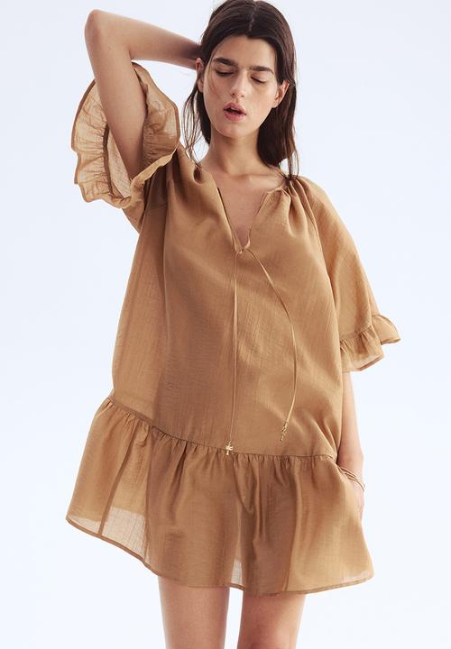 Tie-detail tunic dress - dark beige - 1275763006