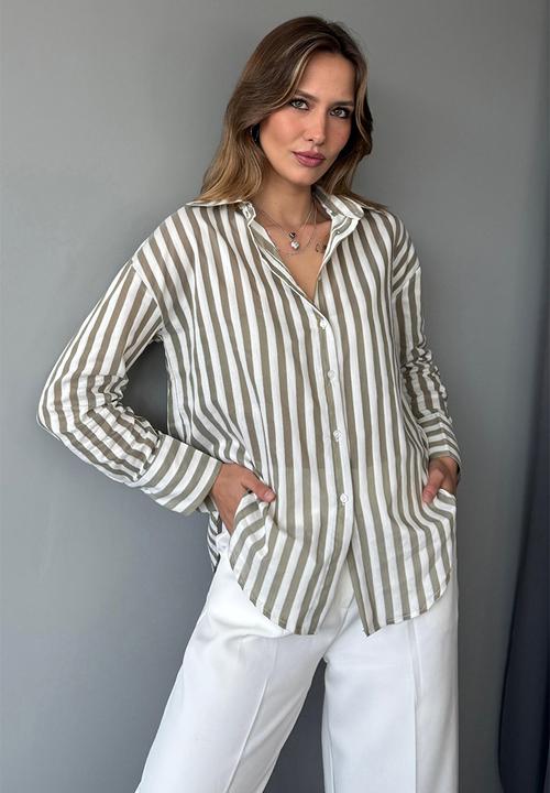 Trendyol - Striped Oversize Shirt - Green