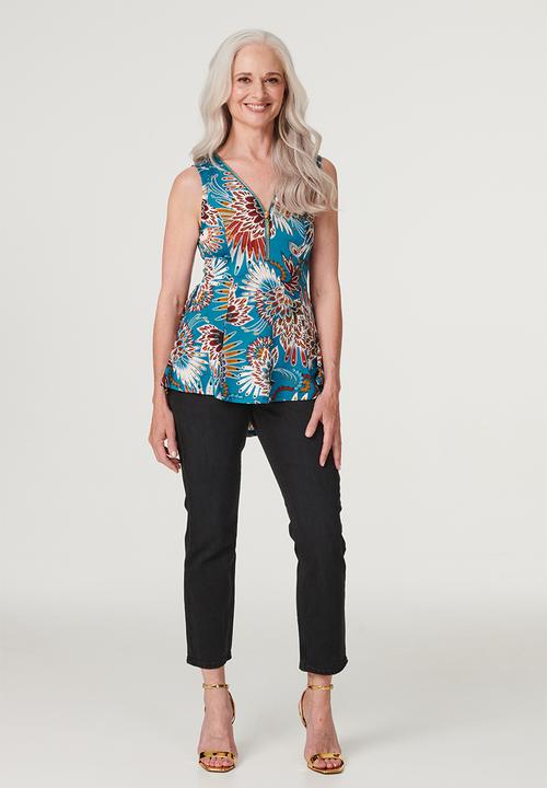 Stella Morgan - Sleeveless Zip Front Longer Length Top - Teal