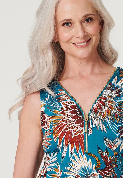 Stella Morgan - Sleeveless Zip Front Longer Length Top - Teal