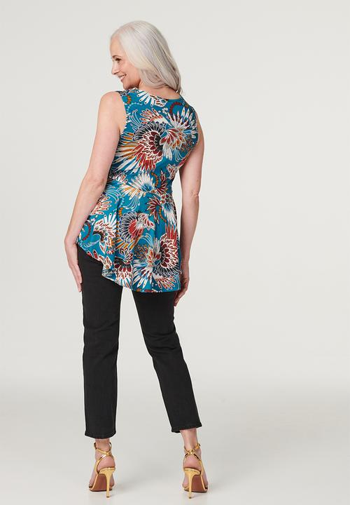 Stella Morgan - Sleeveless Zip Front Longer Length Top - Teal