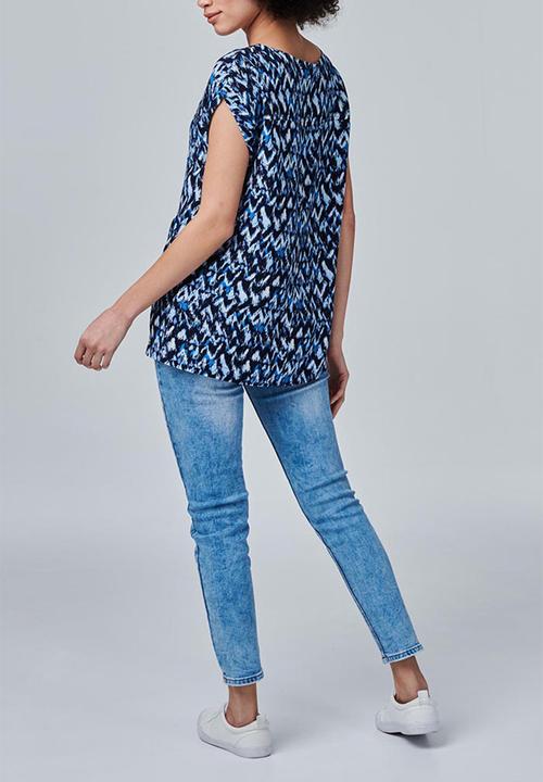Stella Morgan - Cap Sleeve Roll Scoop Hem Blouse With Zip And Pocket Detail - Blue