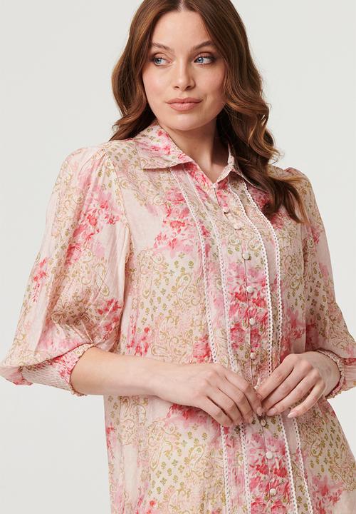 MANDI - Long sleeve Button Through Patchwork Print Blouse - pink