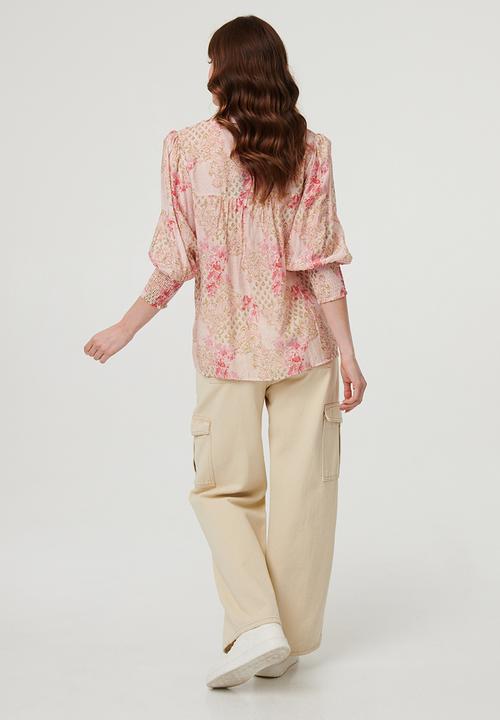 MANDI - Long sleeve Button Through Patchwork Print Blouse - pink