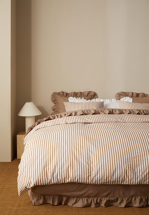 H&M - Cotton double/king duvet cover set - dusty brown/striped 