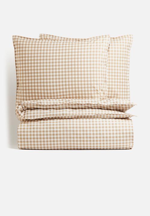 H&M - Patterned double/king size duvet cover set - dusty brown/gingham check