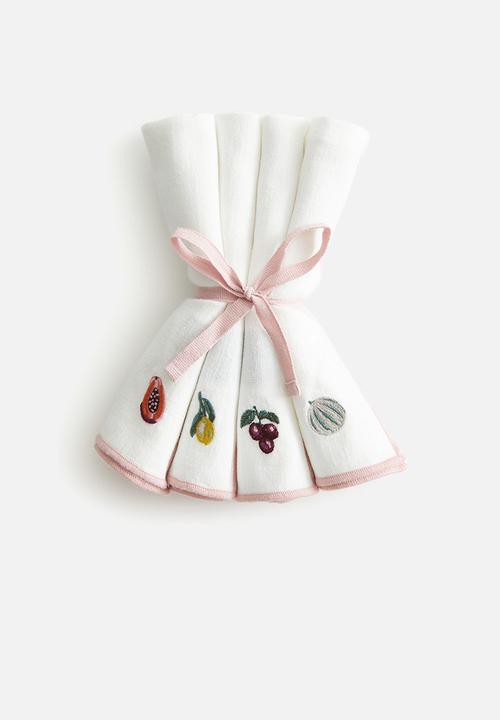 H&M - 4-pack embroidered napkins - white/fruits