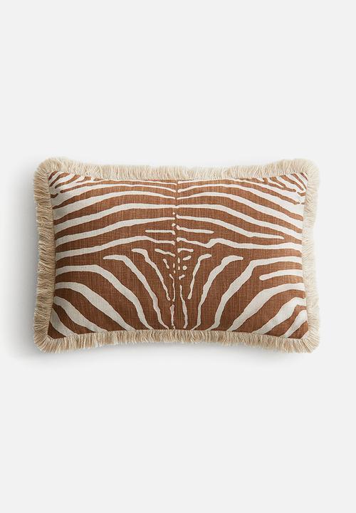 H&M - Fringed linen-blend cushion cover - light brown/zebra print
