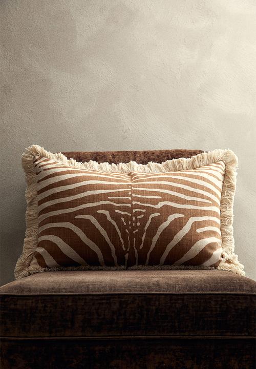 Fringed linen-blend cushion cover - light brown/zebra print