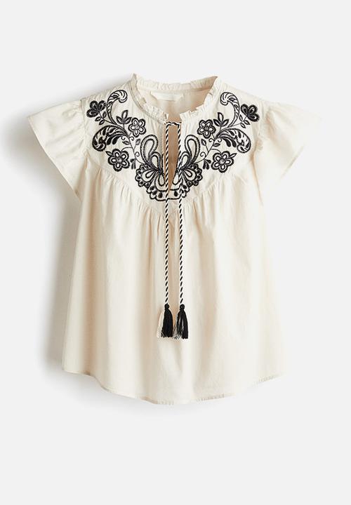 H&M - Embroidered blouse - cream & black