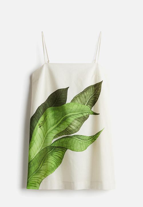 H&M - Linen-blend strappy dress - white leaves