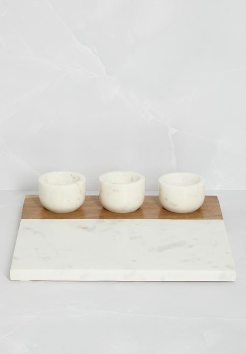 Sixth Floor - Marble & wood platter w 3 bowls - White