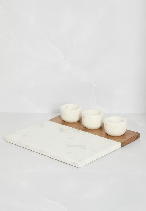 Sixth Floor - Marble & wood platter w 3 bowls - White