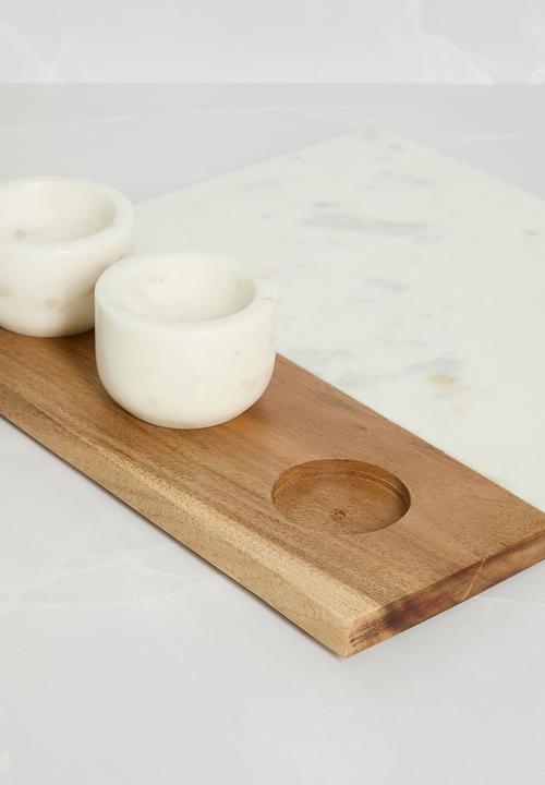 Sixth Floor - Marble & wood platter w 3 bowls - White